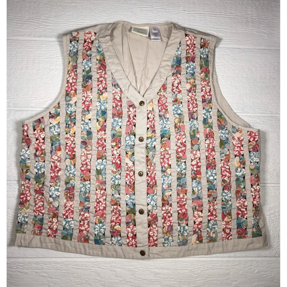 VTG 1998 Susan Bristol 3W Yo Yo Quilt Floral Vest Cottagecore Grannycore Artsy